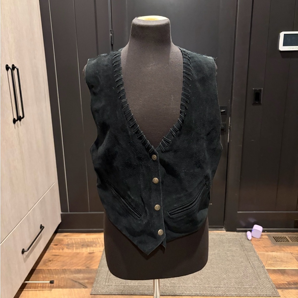 Vintage Mona Mode Black Leather Vest w/ Statement Brass Buttons (M)